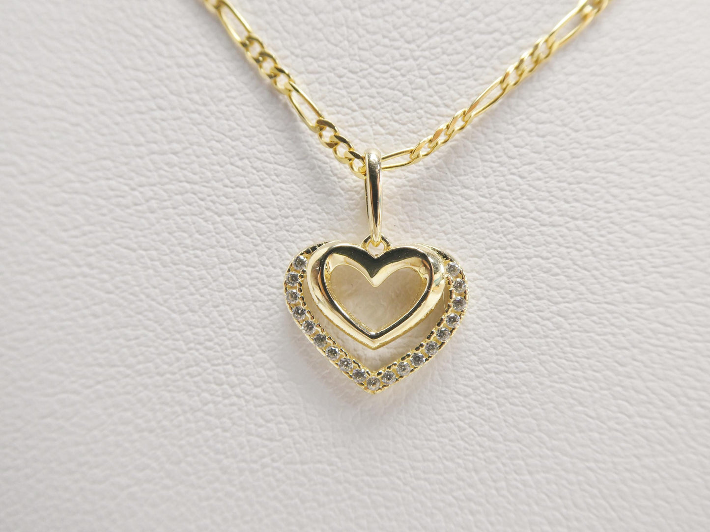 10k Yellow Gold Figaro Chain Necklace with Double Heart Pendant