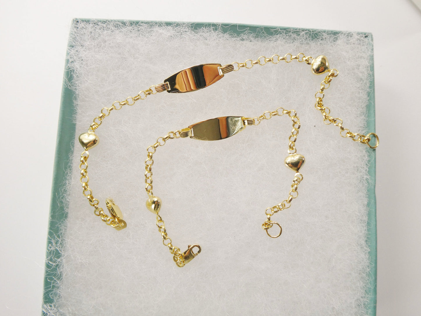 real 10k solid yellow gold 5.5/ 6.5 inch children/women double heart id bracelet
