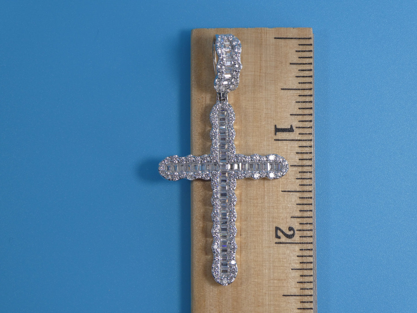 14k white gold color tone chain and large cross charm pendent over real 925 sterling silver