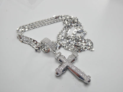 Real 925 Sterling Silver 22 Inch Flat Chain and Moissanite Cross Pendent Charm