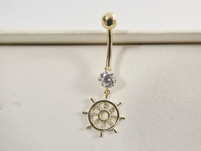 14k Real Solid Yellow Gold Ship Wheel Dangling Belly Button Ring Piercing