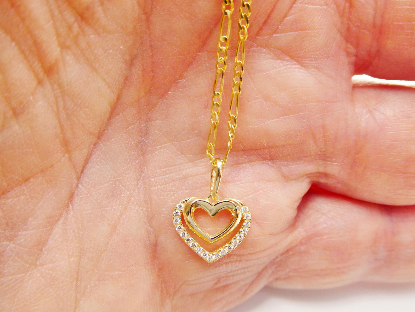 10k Yellow Gold Figaro Chain Necklace with Double Heart Pendant