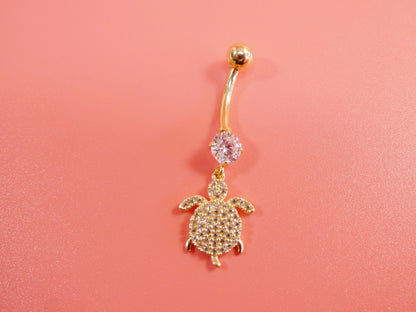 14k Real Solid Yellow Gold Dangling Turtle Belly Button Ring Piercing