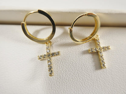 Real 10k Solid Yellow Gold Cross Dropping Hoop Huggie Earrings