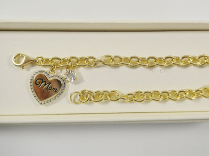 Real 7 Inch 925 Sterling Silver Cable Mom Heart Bracelet