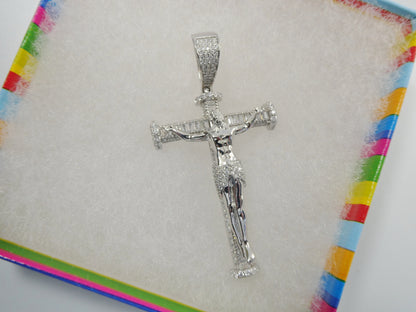 Real 925 Sterling Silver Large Cross Baguette Stone Setting Pendent