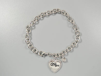 Real 7 Inch 925 Sterling Silver Cable Mom Heart Bracelet