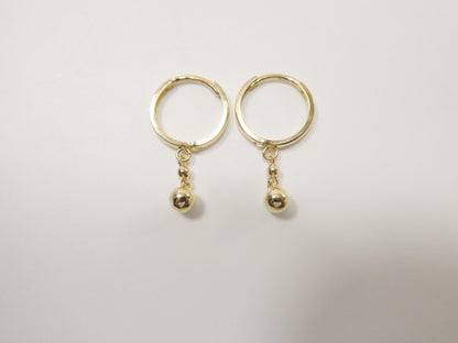 Real 10k Solid Yellow Gold Ball Drop Hoop Huggie Earrings