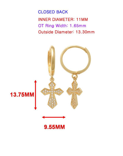 Real 10k Solid Yellow Gold Cross Dropping Hoop Huggie Earrings