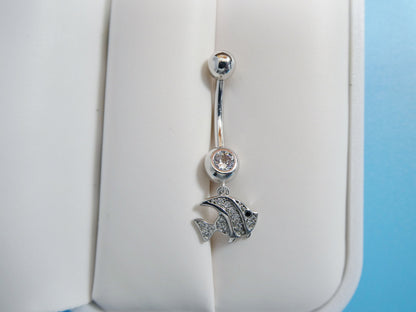 14k Real Solid Yellow Gold Fish Dangling Belly Button Ring Piercing