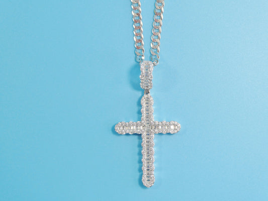14k White Gold Color Tone Chain and Large Cross Charm Pendent Over Real 925 Sterling Silver