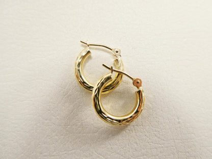 10k Real Solid Yellow Gold 2mm Tube Diamond Cut Hoop Earrings