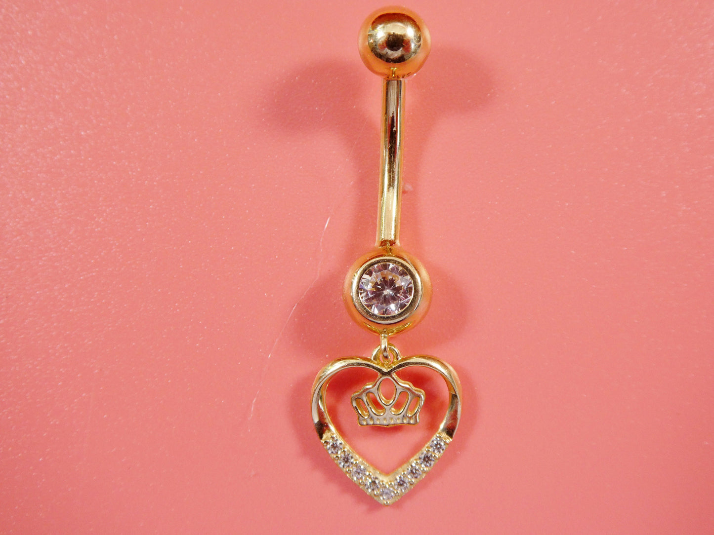 14k real solid yellow gold dangling crown heart belly button ring piercing