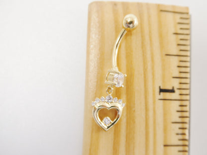 14k Real Solid Yellow Gold Heart Dangling Belly Button Ring Piercing
