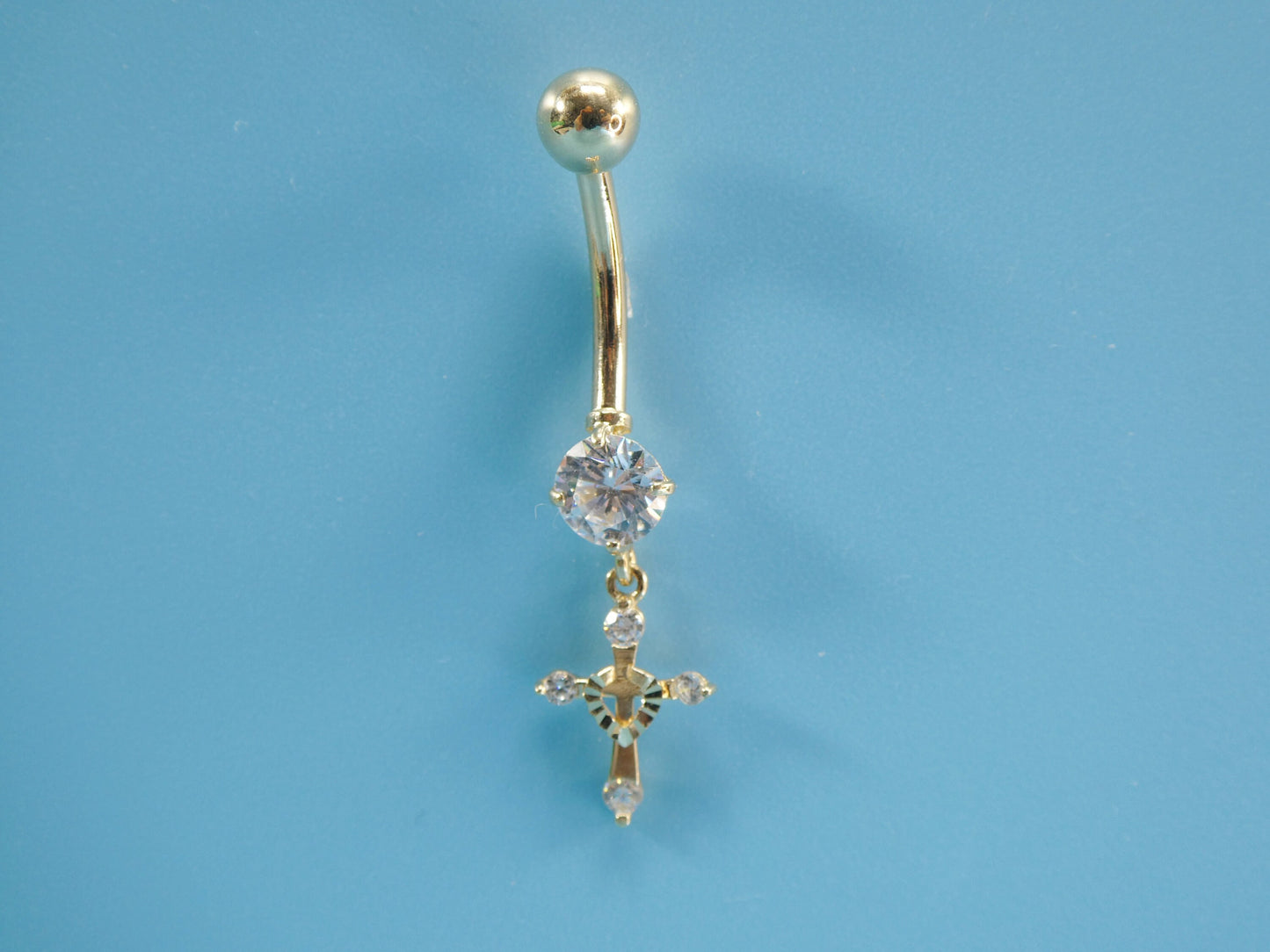 14k real solid yellow gold dangling cross belly button ring piercing