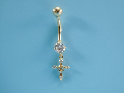 14k Real Solid Yellow Gold Dangling Cross Belly Button Ring Piercing