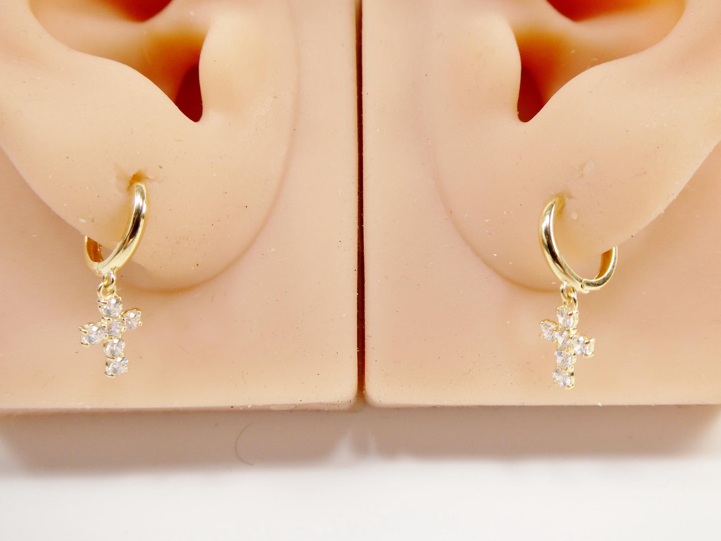 real 10k solid yellow gold cross dropping hoop huggie earrings