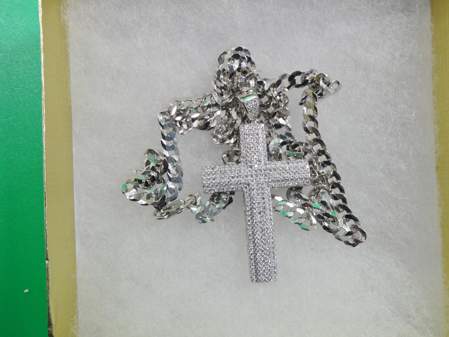 14k white gold color tone chain and large cross charm pendent over real 925 sterling silver