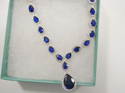 Real 925 Sterling Silver Teardrop Blue Sapphire Women Necklace