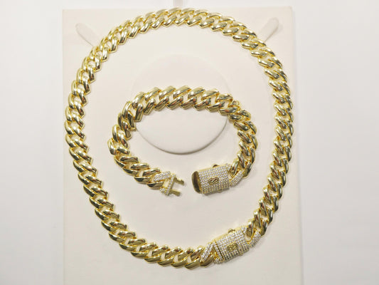 14k gold filled 14mm Monaco Cuban necklace set