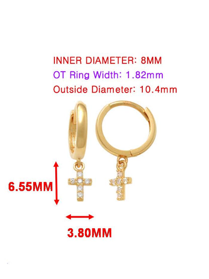 Real 10k Solid Yellow Gold Cross Dropping Hoop Huggie Earrings