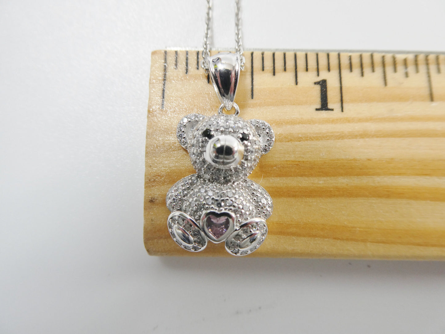 925 sterling silver teddy bear pink stone set chain and pendent