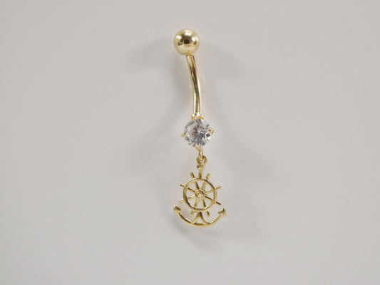 14k real solid yellow gold dangling steering wheel anchor belly button ring piercing
