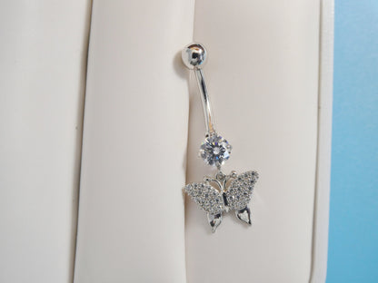 14k Real Solid Yellow Gold Dangling Butterfly Belly Vutton Ring Piercing
