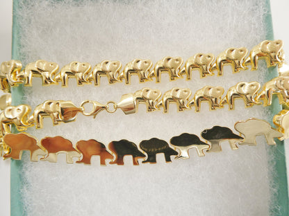Real 925 Sterling Silver All Yellow Tone Elephant Set Necklace and Bracelet