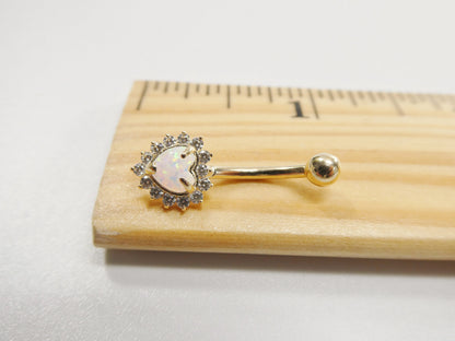 14k Real Solid Yellow Gold Heart Opal Belly Button Ring Piercing