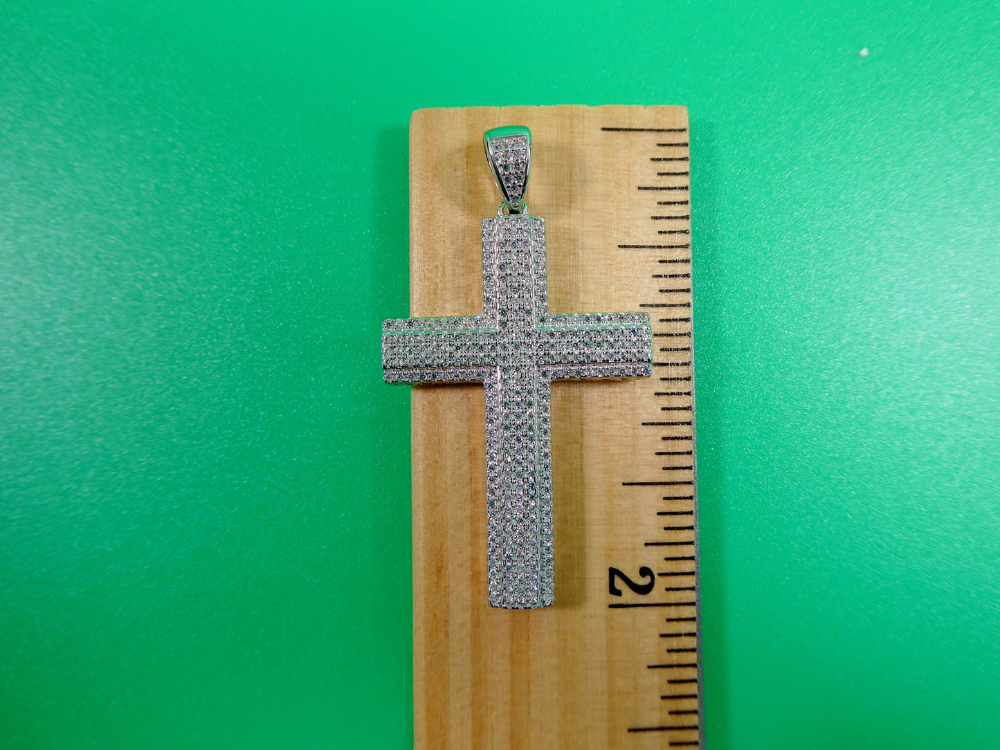 14k white gold color tone chain and large cross charm pendent over real 925 sterling silver