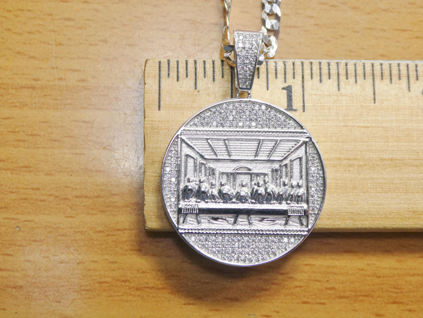 real 925 sterling silver 22 inch flat chain and large last supper pendent charm