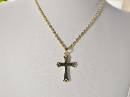 14k Real Solid Yellow Gold Super Polish Cross Pendent and Robe Necklace