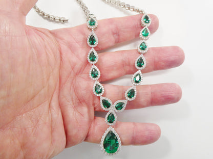 Real 925 Sterling Silver Teardrop Emerald Green Women Necklace