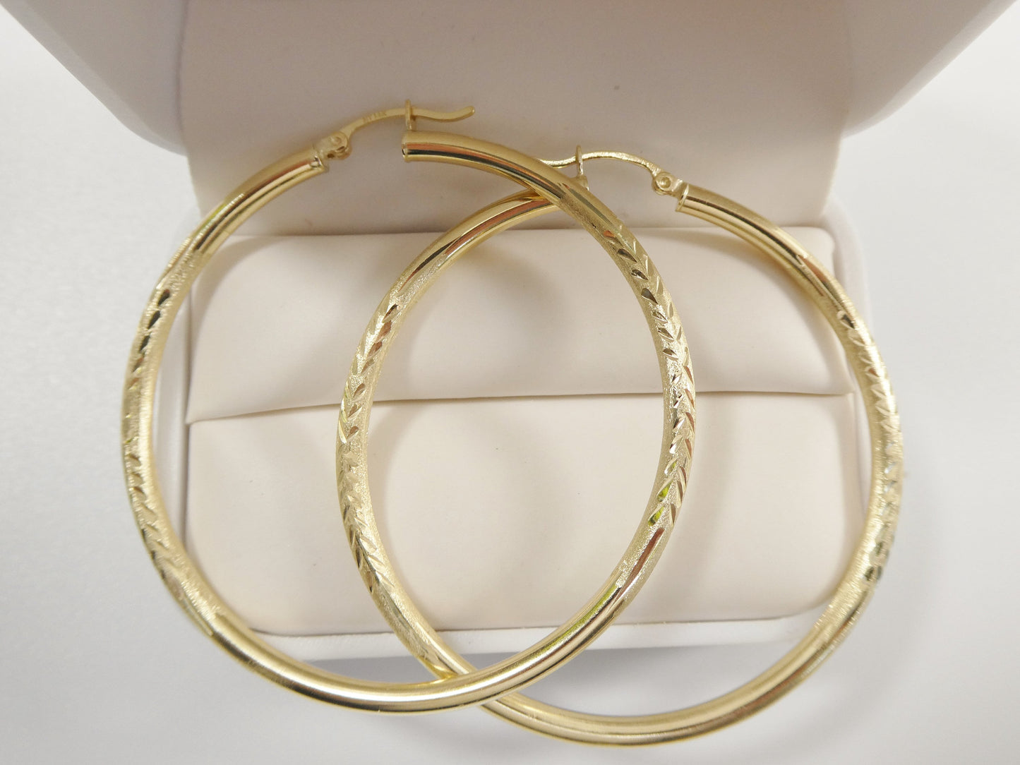 14K real solid yellow gold 55mm round hoop earring snap closure diamond cut finish