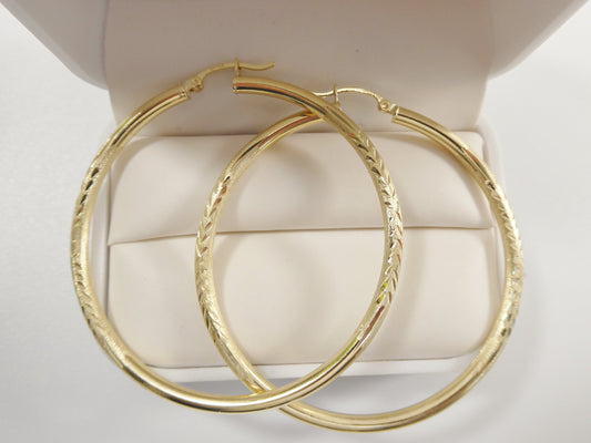 14K real solid yellow gold 55mm round hoop earring snap closure diamond cut finish