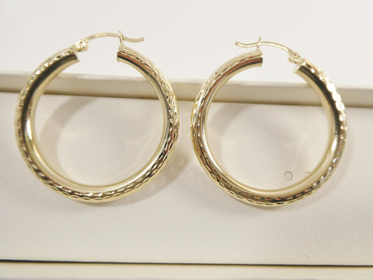 14K real solid yellow gold 35mm round hoop earring snap closure full diamond cut finish
