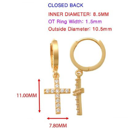 Real 10k Solid Yellow Gold Cross Dropping Hoop Huggie Earrings
