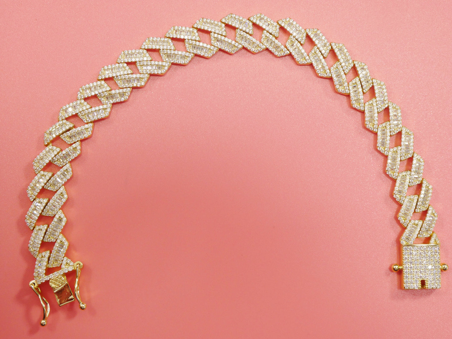 8.5 inch 14k yellow gold color Monaco bracelet baguette setting over real solid 925 sterling silver