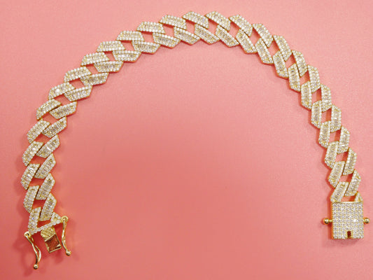 8.5 inch 14k yellow gold color Monaco bracelet baguette setting over real solid 925 sterling silver