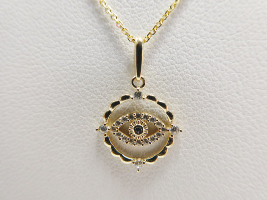 14k real solid yellow gold evil eye pendent and cable necklace