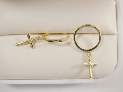 Real 10k Solid Yellow Gold Hoop Huggie Dangle Plain Cross Earrings