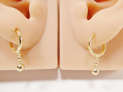 Real 10k Solid Yellow Gold Ball Drop Hoop Huggie Earrings