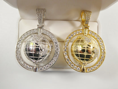Real 925 Sterling Silver Globe Charm Pendent 14k Yellow Gold Finish