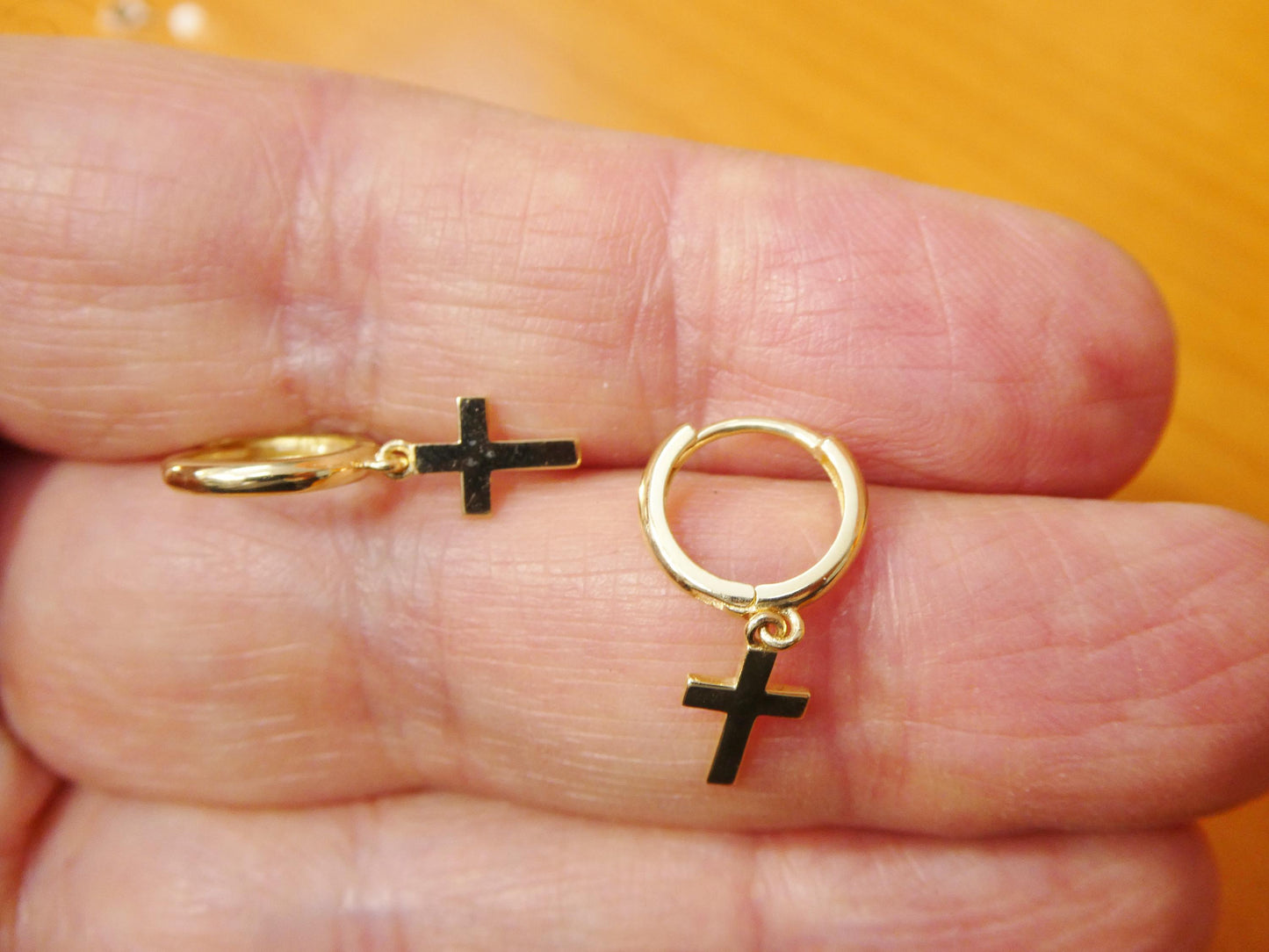 real 10k solid yellow gold cross dropping hoop huggie earring