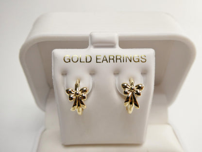 Real 10k Solid Yellow Gold Designer Bow Flower Hoop Huggie Earrings