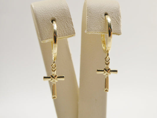 real 10k solid yellow gold hoop huggie dangle plain cross earring