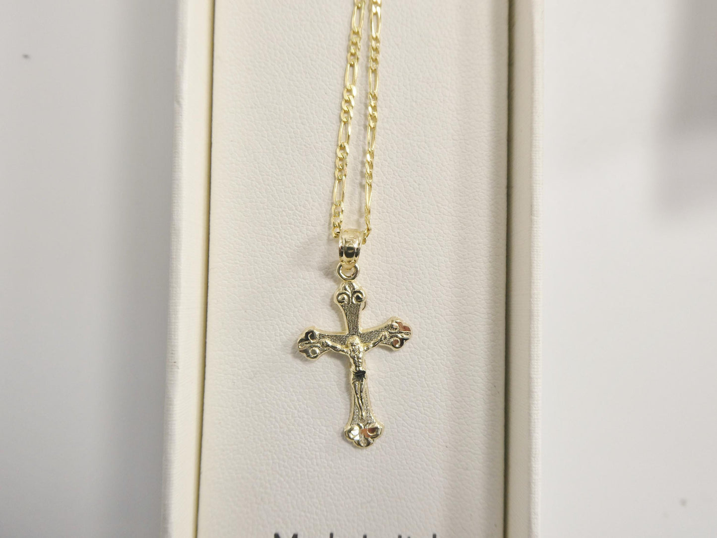 10k Yellow Gold solid figaro Chain & Cross Pendant Necklace: 16 inch