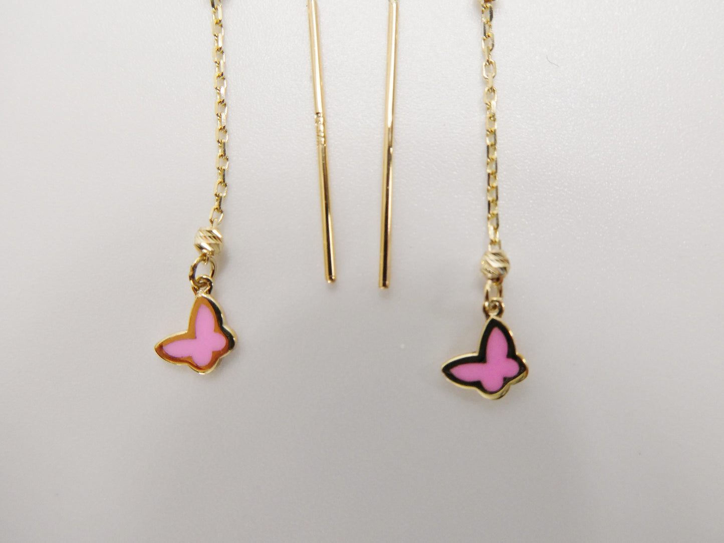 14k real solid yellow gold pink butterfly long dangling earrings
