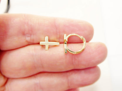 Real 10k Solid Yellow Gold Cross Hoop Huggie Earrings